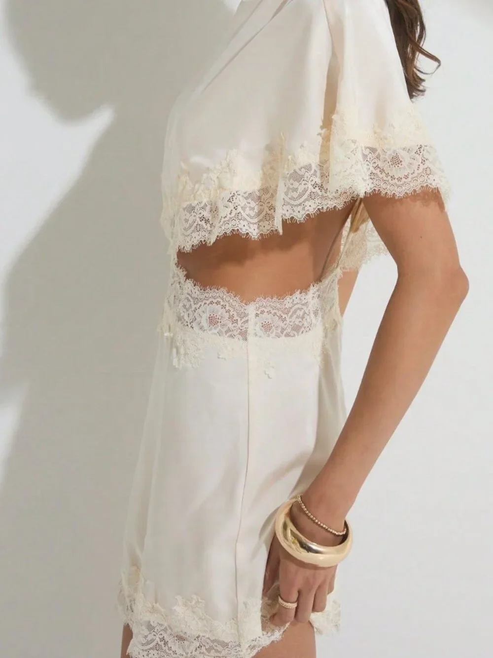 Pink Elegant Women's Contrast Lace High-Waist Fitted Mini Dress